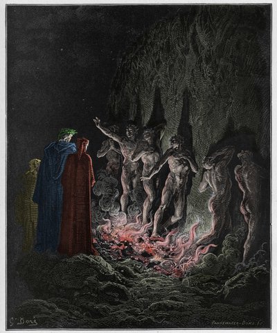 Purgatorio, Canto 25: The lustful pass through fire in the seventh circle (illustration from The Divine Comedy) by Gustave after Dore